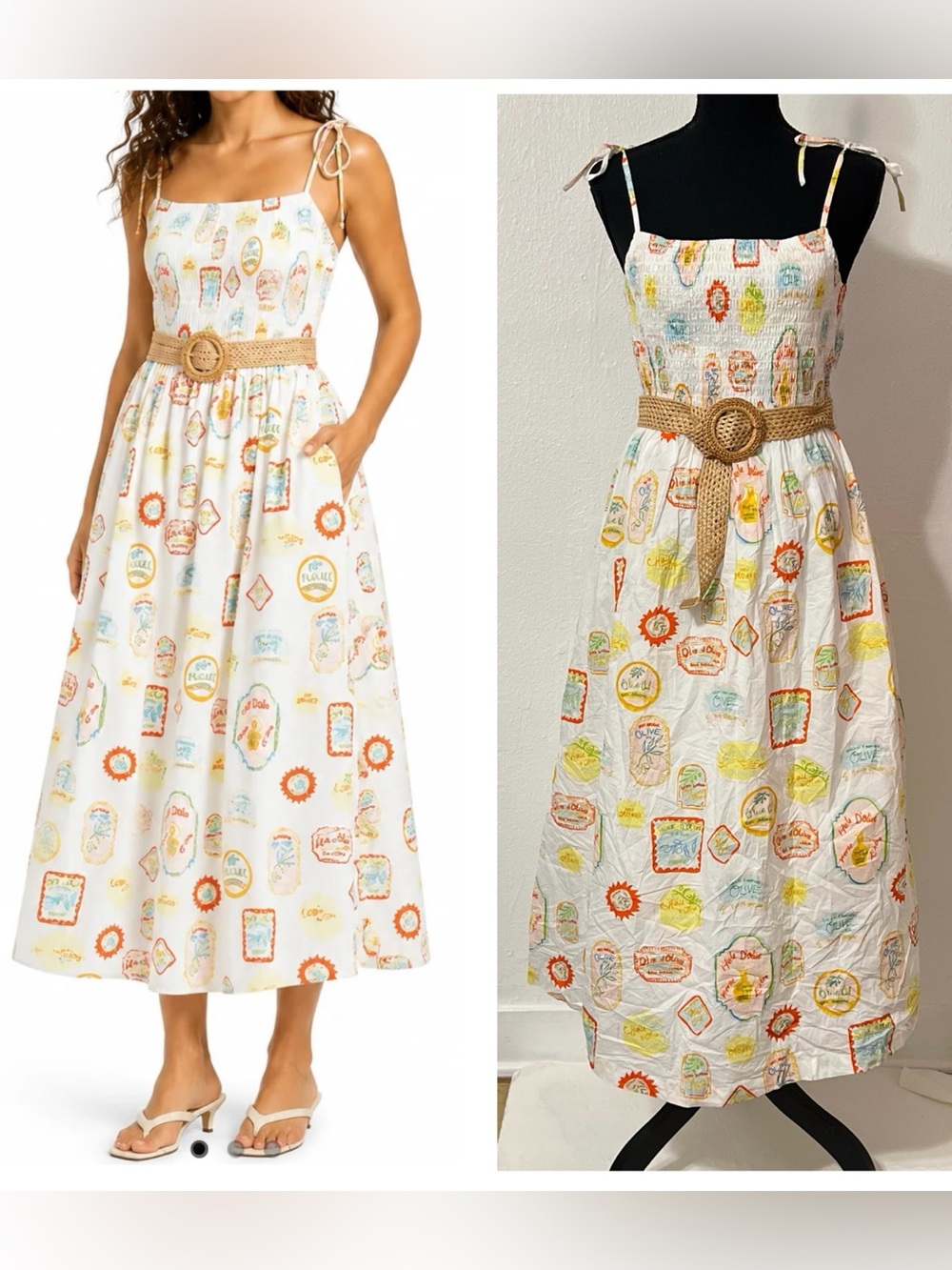 NEW Cynthia Rowley  Sicily Dress Pockets vintage-style Italian olive oil label